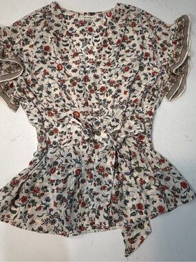 Max Studio Cream Floral Tie-Waist Blouse with Red & Blue Blooms